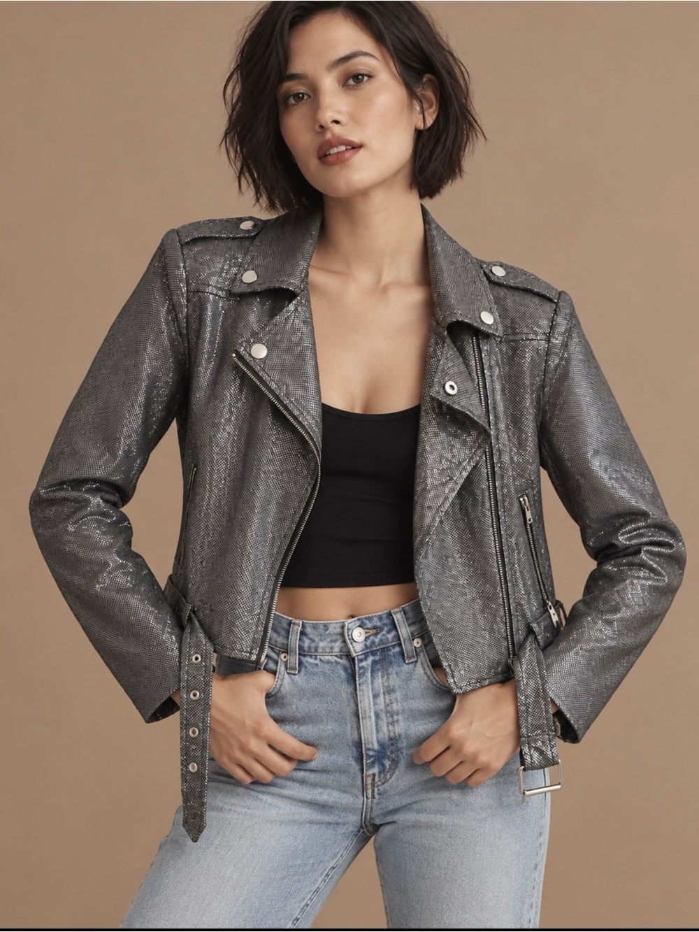 NWT Sans Souci Metallic Silver Moto Jacket Women’s S